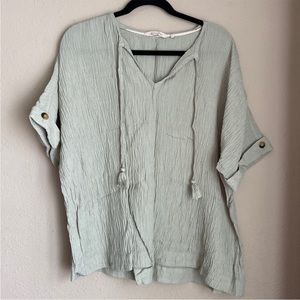 Crinkly sage green top with tassels SOFT SURROUNDINGS